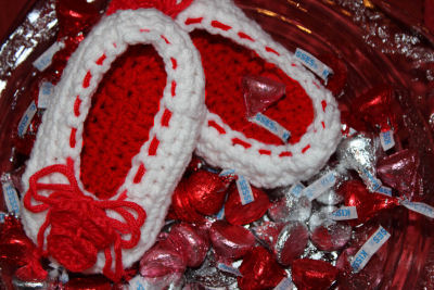 I Love Valentine's Day Crochet Baby Ballet Slippers with Crocheted Hearts 