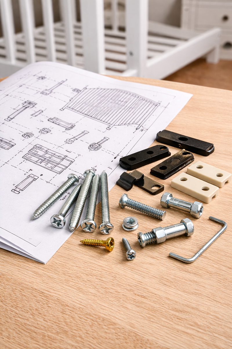 Crib hardware parts laid out for identification including screws, bolts, and brackets