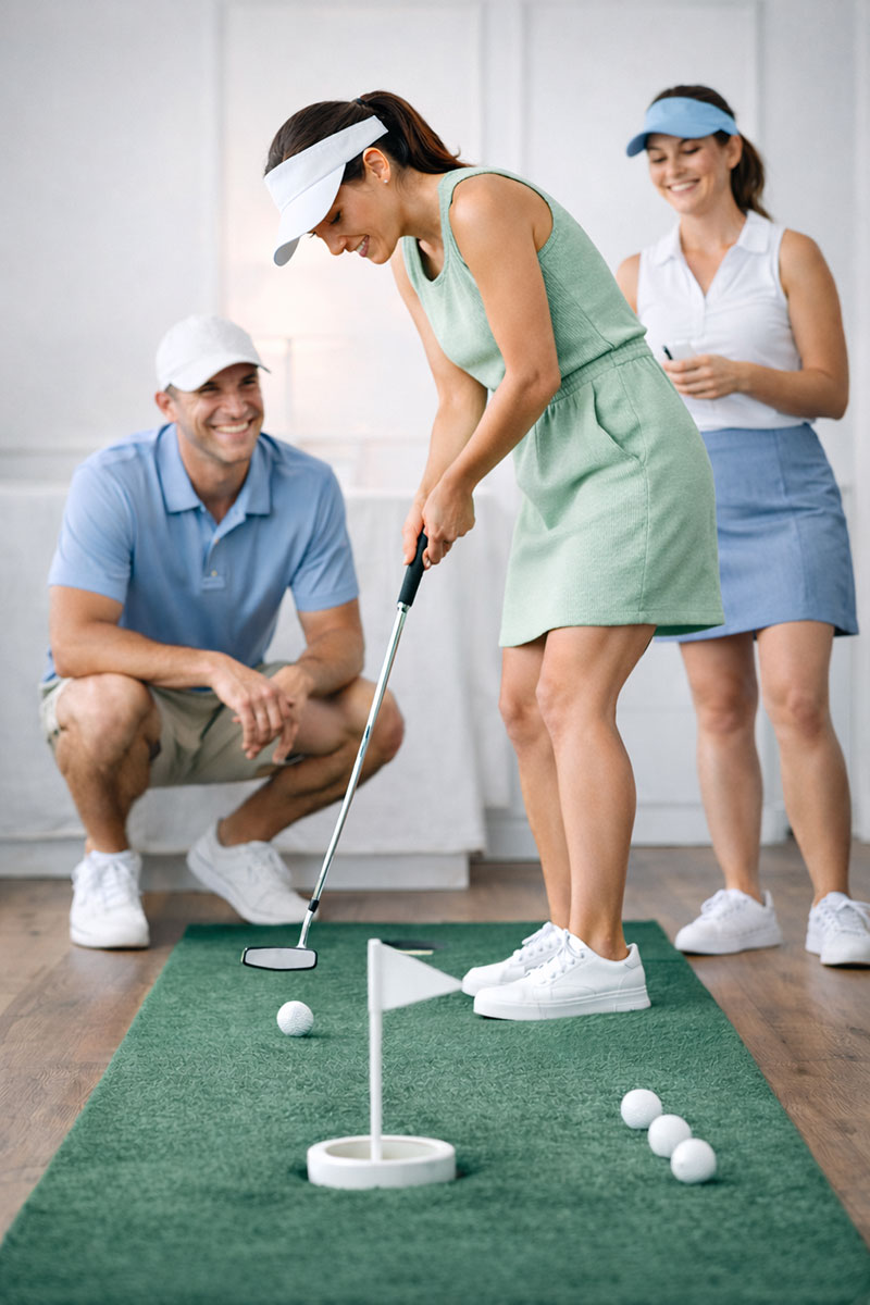 Indoor putting game setup for golf themed baby shower with simple green mat and putter