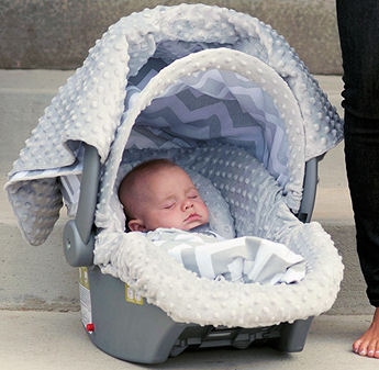 Infant baby car seat replacement cover in minky and chevron grey fabric canopy