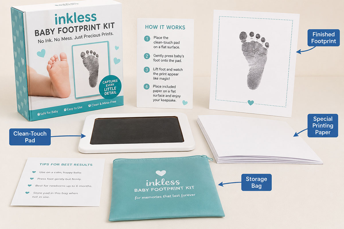 Inkless baby footprint kit with transfer pad and blank keepsake cards arranged beside a completed infant footprint