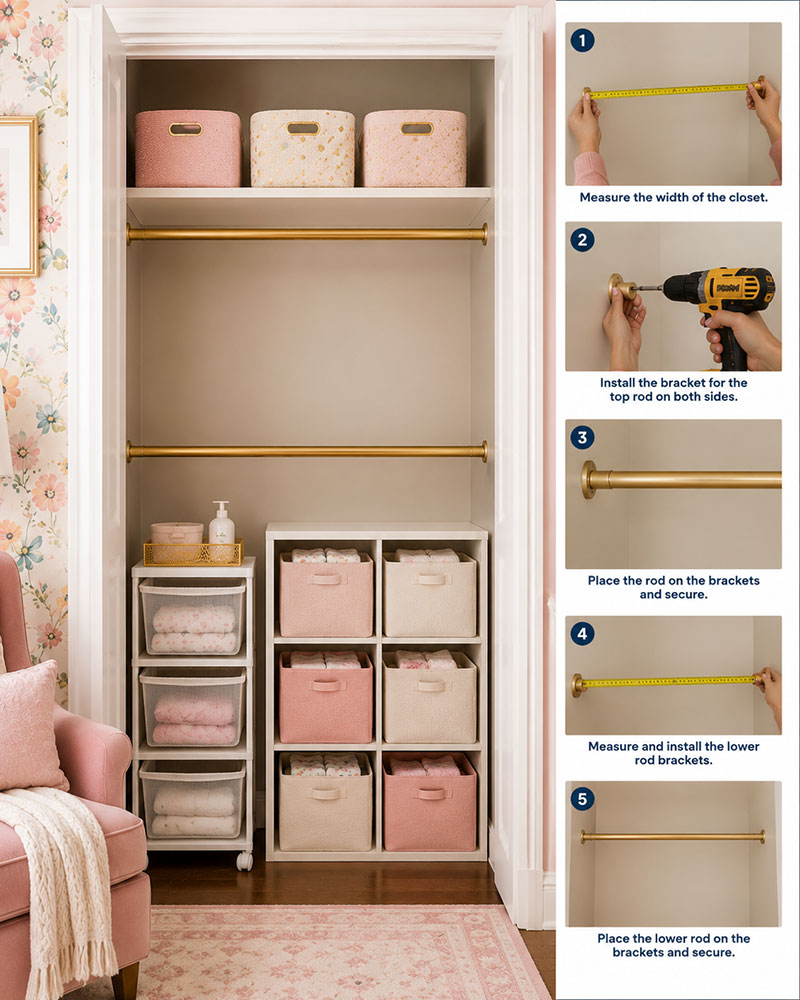 DIY nursery closet double rod installation with organized baby storage and luxury nursery styling
