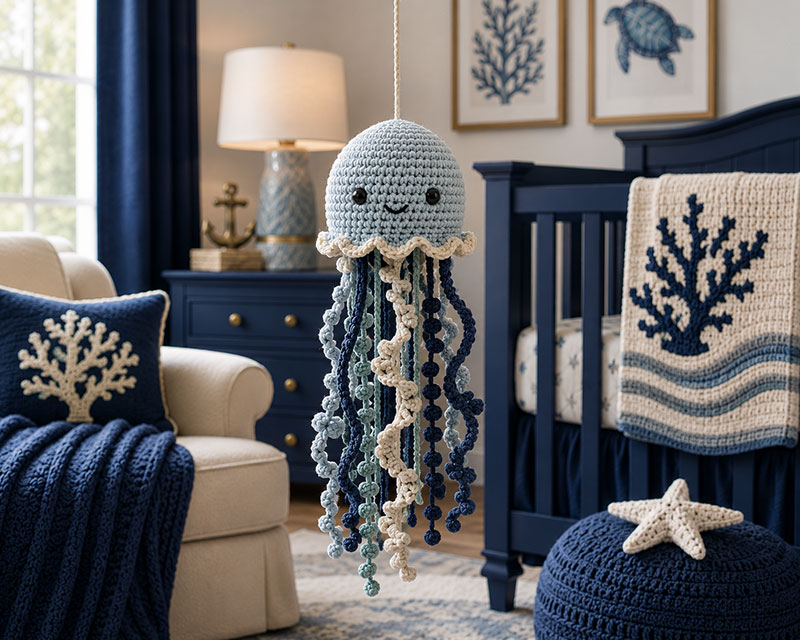 Jellyfish crochet decor in a modern under the sea nursery