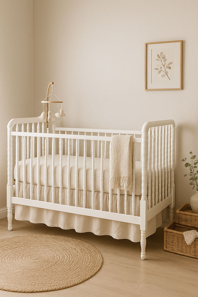 Vintage Jenny Lind crib in a softly lit neutral nursery after makeover