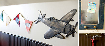 Airplane baby nursery wall decor with vintage plane and colorful banner