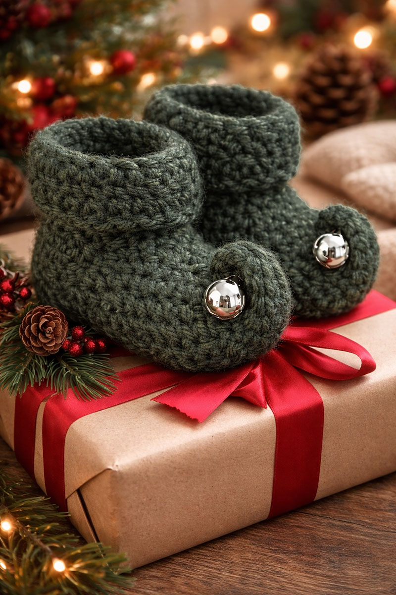 Chunky crochet baby booties made with easy stitches for elf-style Christmas baby gift ideas or photo prop