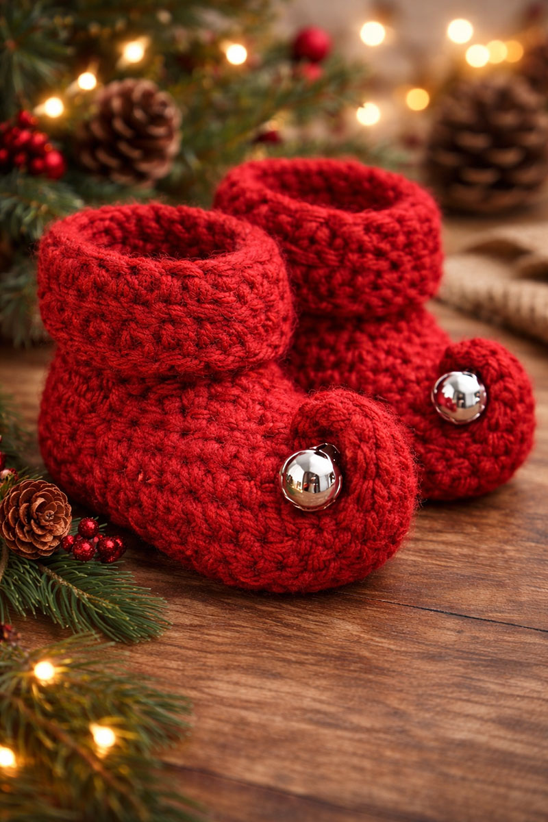Red Christmas crochet baby booties with silver jingle bells styled as festive elf booties