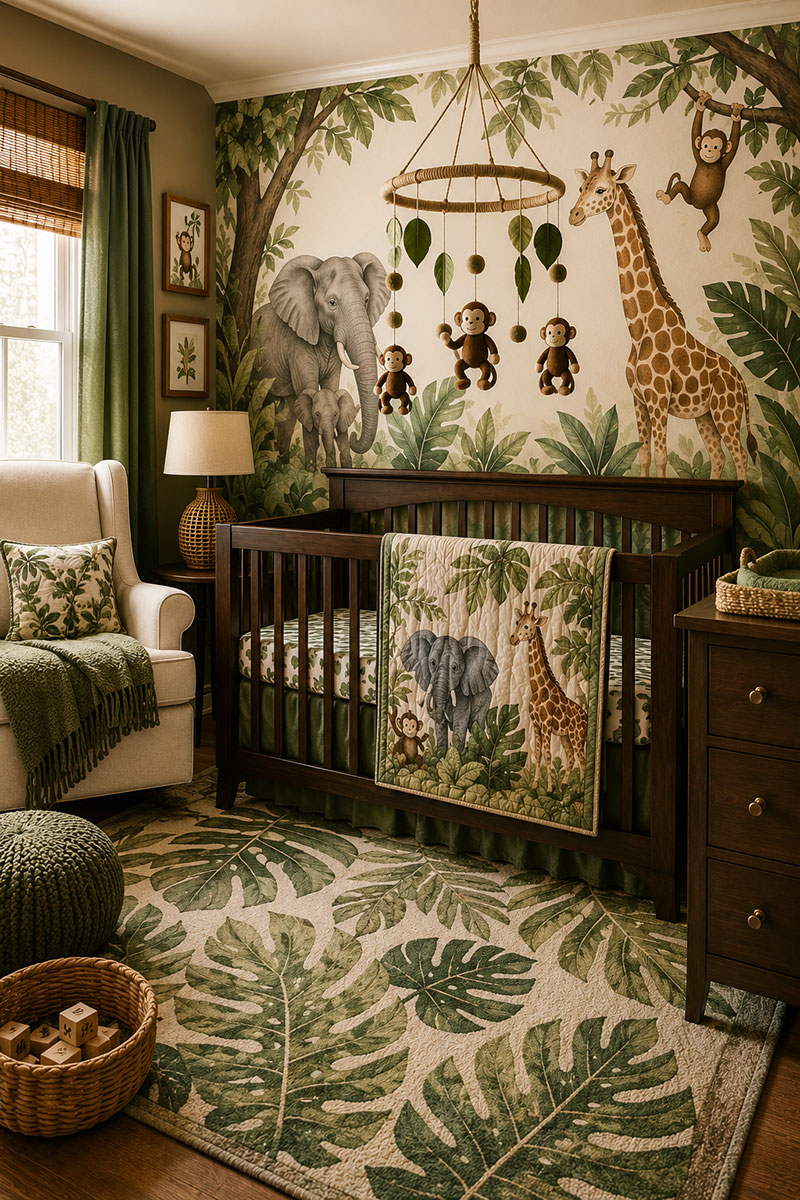 Luxury jungle baby nursery theme with coordinated wall decor