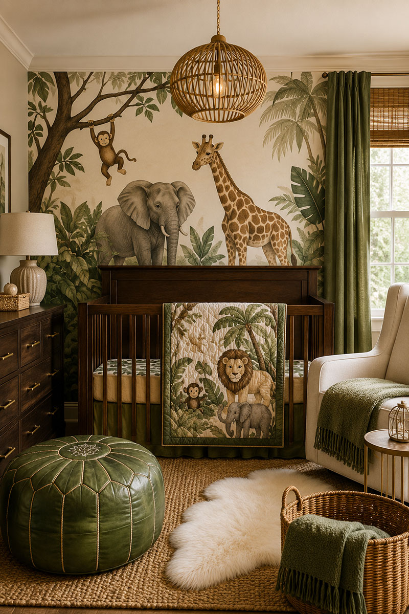 Jungle baby nursery theme with safari animal decor and warm nursery styling