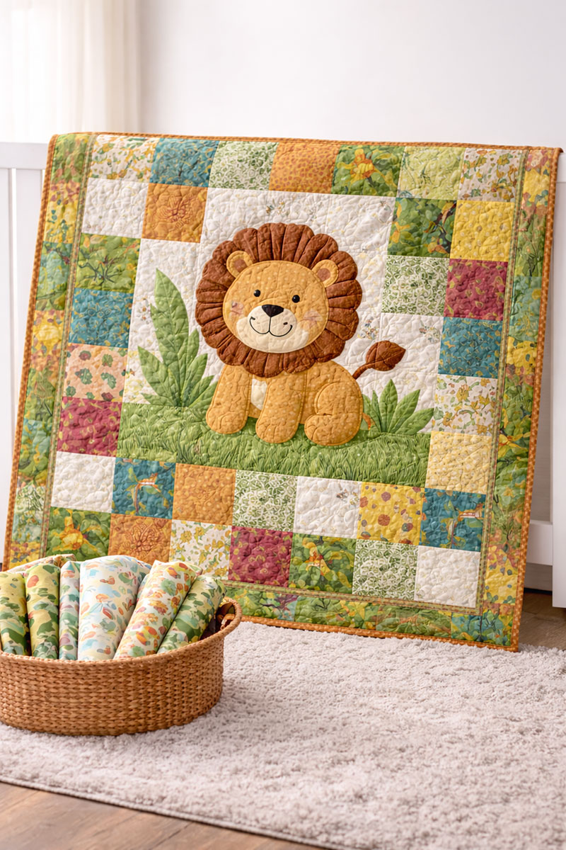 Safari style jungle baby quilt inspiration with soft animal prints and warm neutral colors