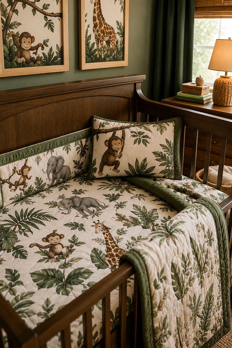 Jungle baby nursery bedding and coordinating fabric details