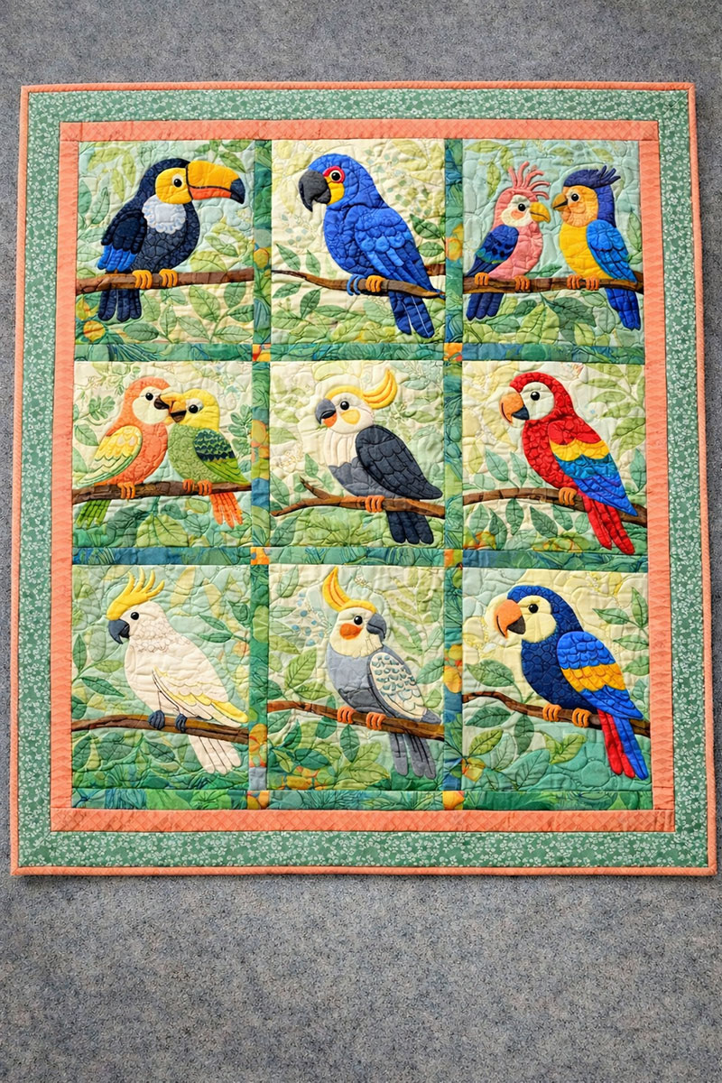 Colorful jungle birds baby quilt folded over a crib rail showing crib quilt scale and soft quilt texture
