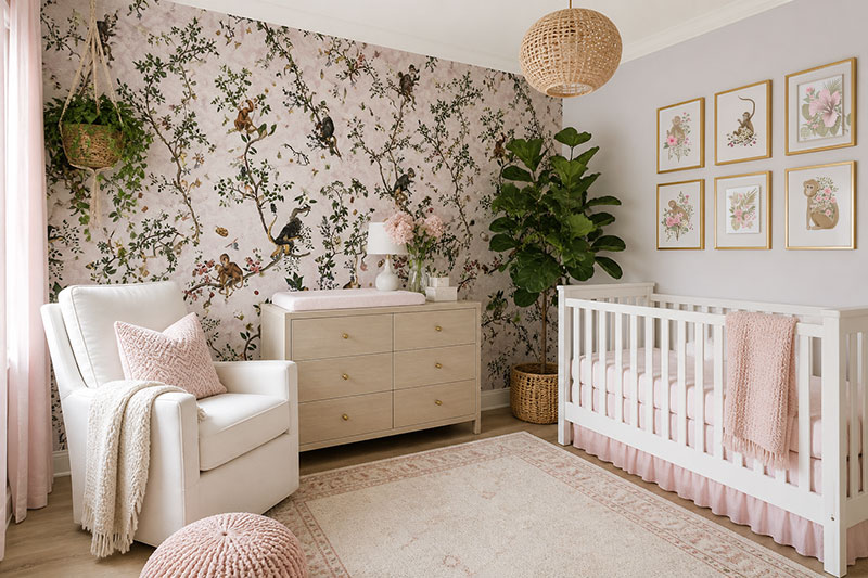 Jungle monkey nursery tropical floral wallpaper with white crib and open layout