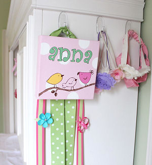 Handmade pink and green baby bird nursery art with polka dots, birds and a baby girl's name
