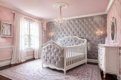 Kennedy's pink and gray princess nursery room with rococo decor