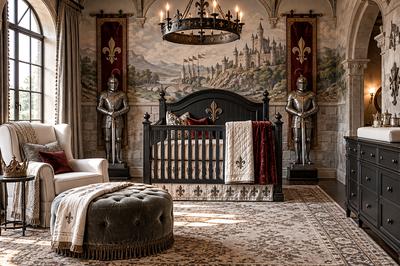 A baby king's castle baby nursery theme with black crib, medieval castle wall mural, knights in armor and royal decorations