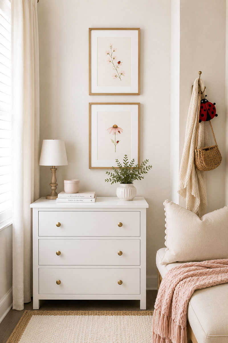 Ladybug art ideas for small spaces including framed prints and cheerful red accents