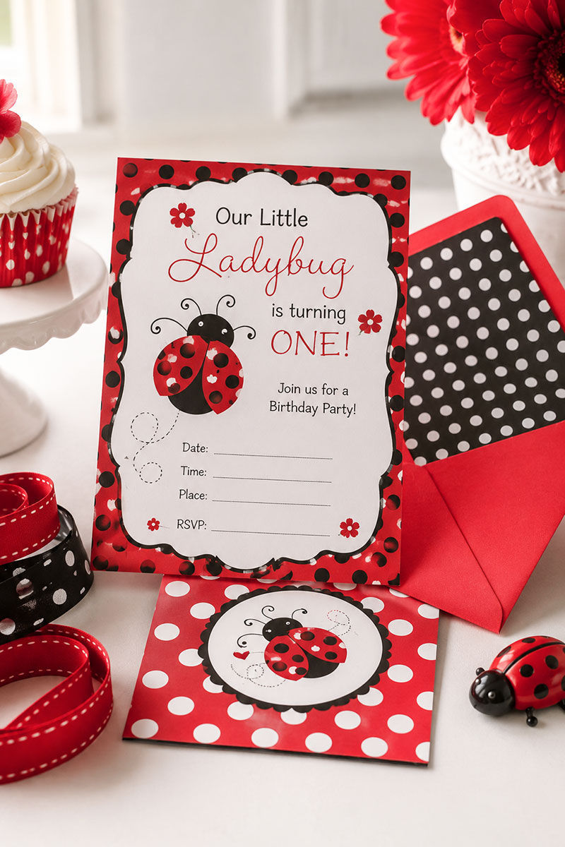 Ladybug birthday party invitations with red and black polka dot party details