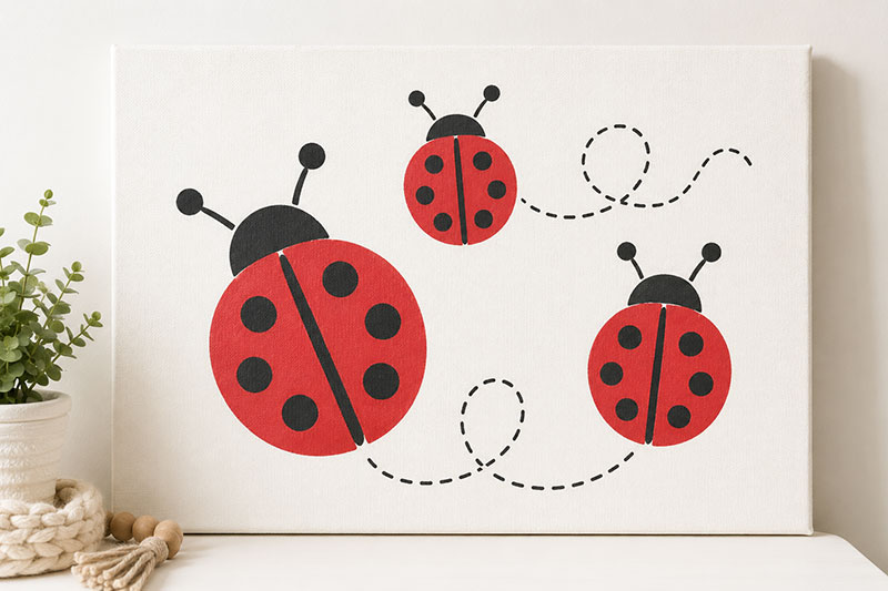 DIY ladybug stencil artwork painted on nursery canvases