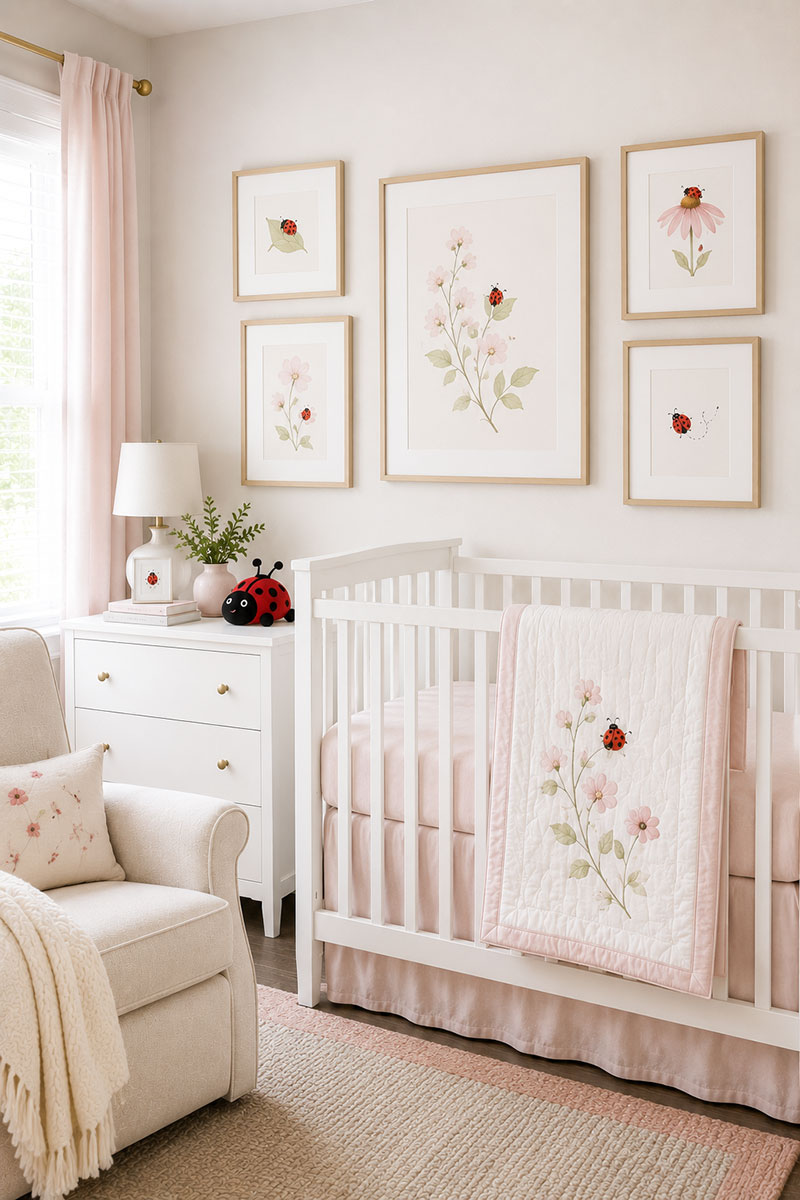 Ladybug gallery wall with framed nursery pictures above a white crib