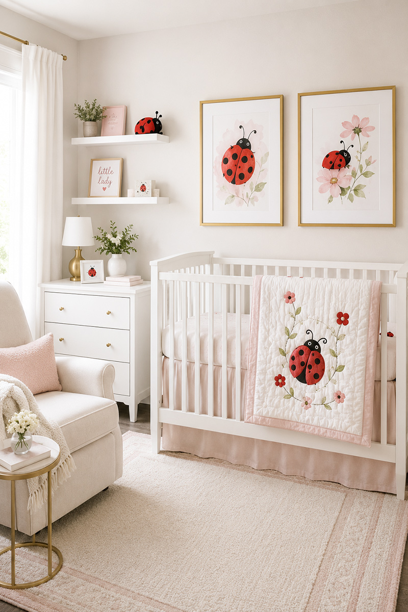 Ladybug nursery pictures featuring a baby girl room with red and black décor, wall art, crib bedding and themed accessories