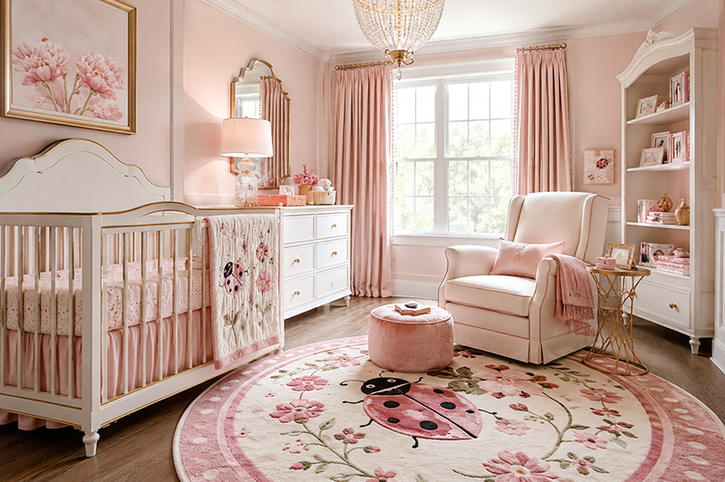 Ladybug nursery rug in a baby girl's room with red, black and floral accents