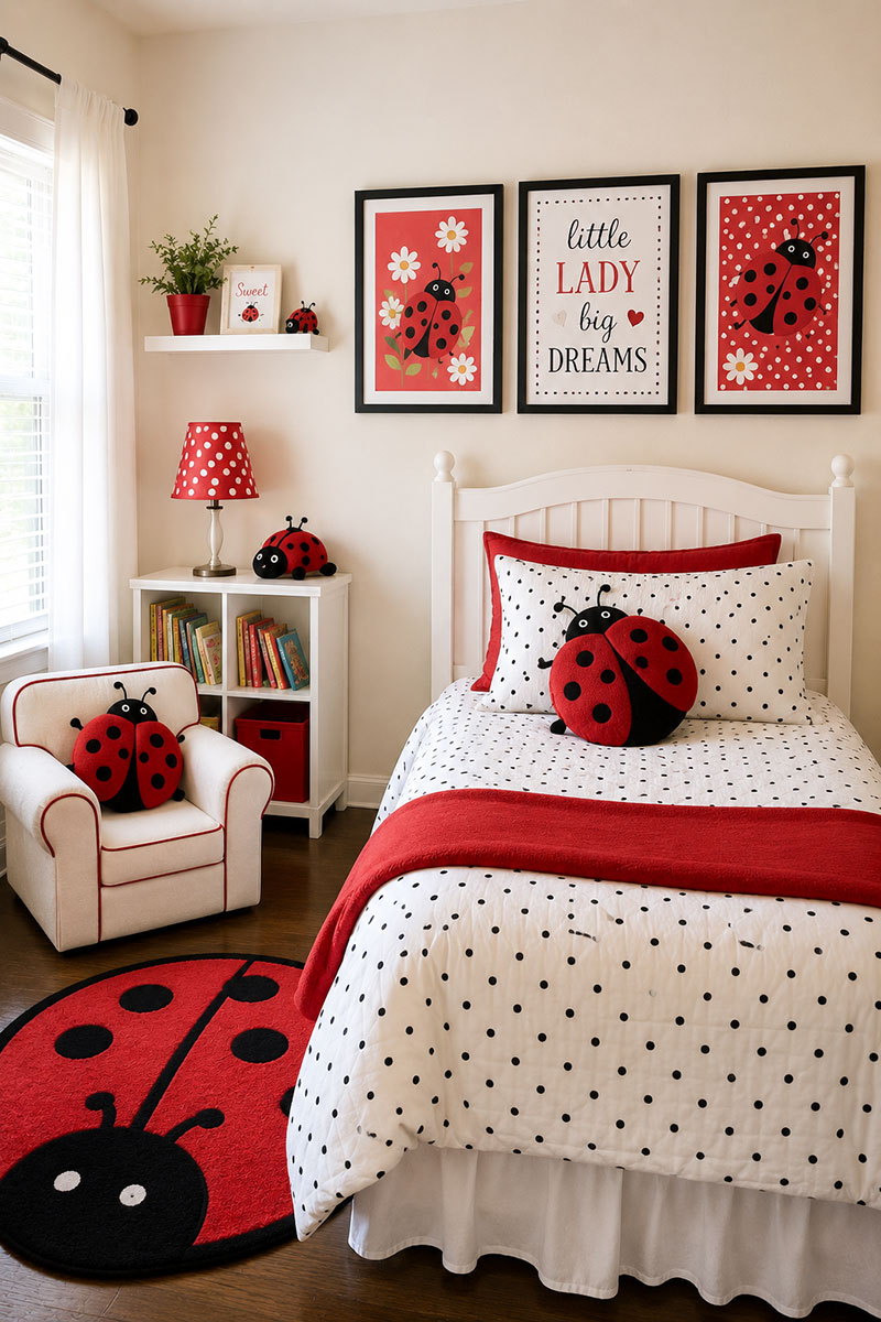 Ladybug pictures and posters for a child's room with cheerful red and white decor