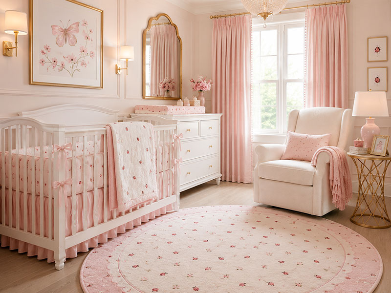 Ladybug nursery rug coordinated with simple baby bedding and restrained red and pink accents
