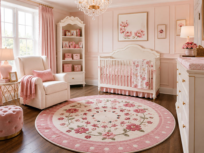 Round ladybug nursery rug positioned in an open floor area away from the crib and doorway