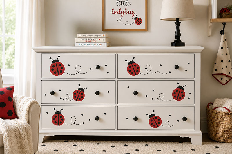 Ladybug stencil painted on nursery dresser drawers