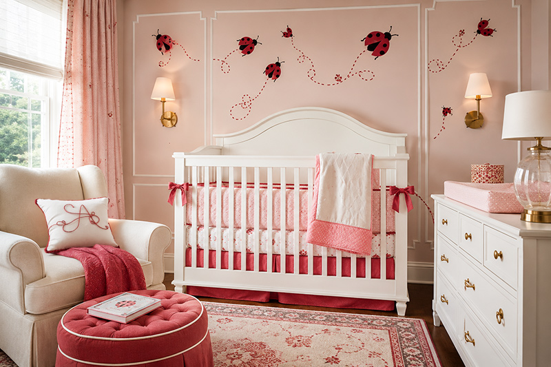 Ladybug stencils painted on a baby girl nursery wall above a white dresser