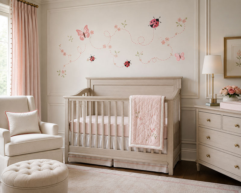 Ladybug stencil painted on a baby nursery wall