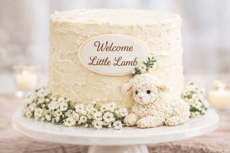 Close-up of ivory buttercream baby shower cake with vintage-style frosting lamb and 'Welcome Little Lamb' plaque