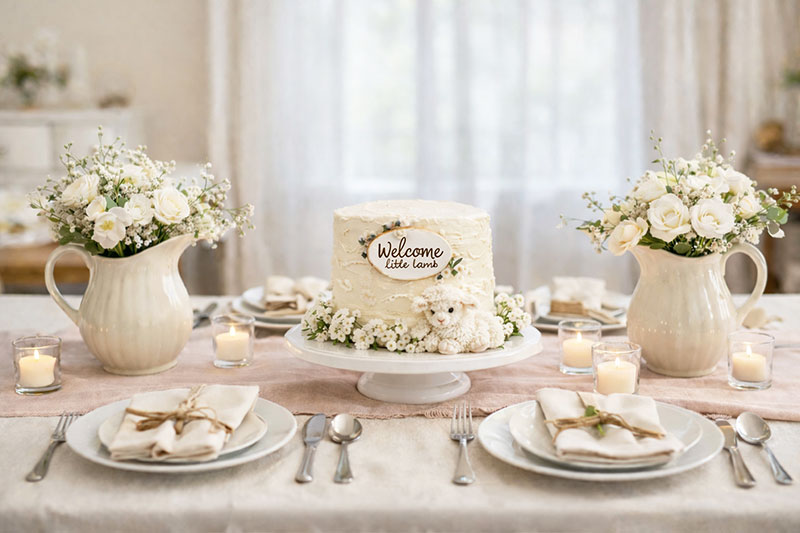 Elegant lamb baby shower tablescape with blush runner, ivory cake, matching floral pitchers, and layered neutral place settings