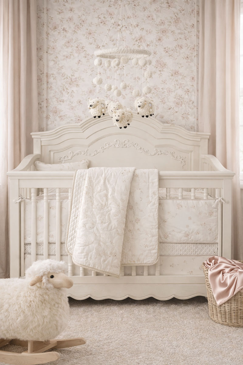 Neutral lamb nursery bedding with soft cream tones and simple sheep pattern
