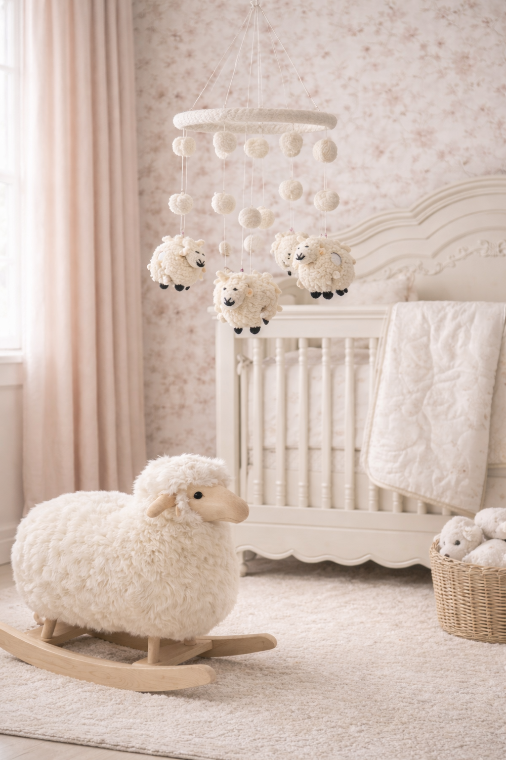 Lamb theme nursery decor with lamb crib mobile and fluffy rocking sheep accent
