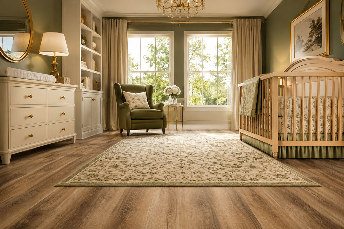 Realistic nursery with clearly visible wood-look laminate flooring, a painted crib and a compact rug near the reading chair