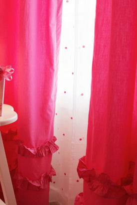 Fuchsia hot pink baby girl nursery curtain panels with white and pink polka dot sheer curtains