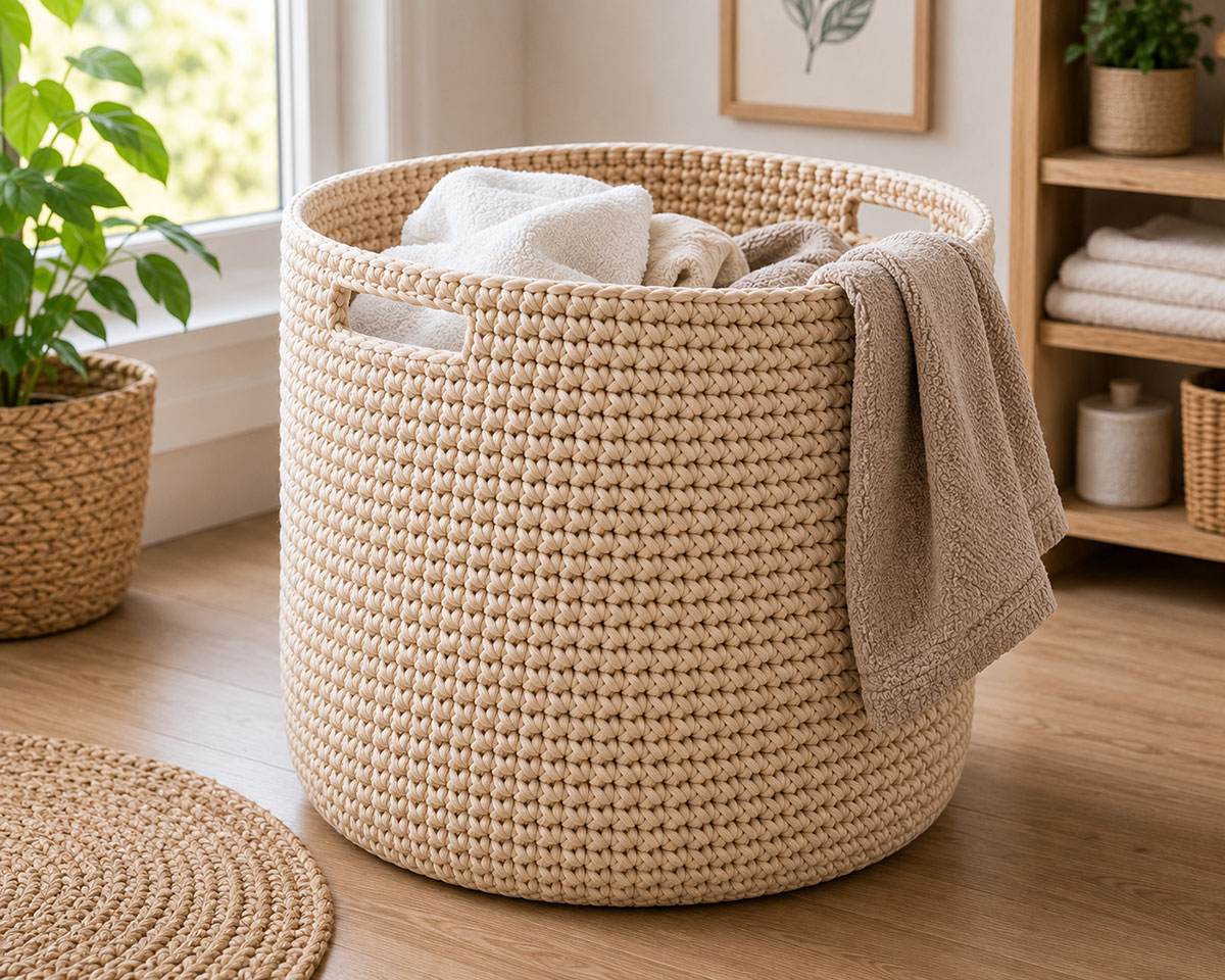 Large round crochet storage basket made with thick cotton cord and reinforced handles