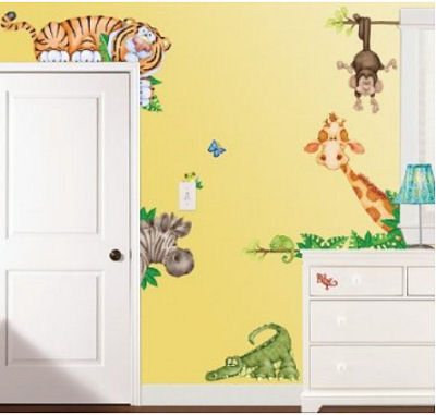 Large jungle theme wall decals with giant size baby animals stickers including monkeys, zebras, giraffes elephants, tigers and alligators