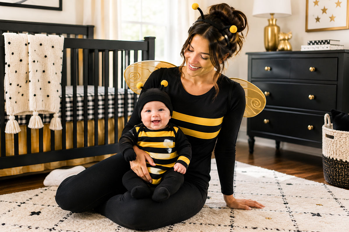 Mother and baby in a last-minute Halloween costume pairing with the baby wearing a plain white sleeper and mom in a navy night-sky outfit with a simple moon accessory