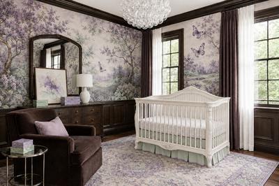 Lavender, sage green and chocolate brown butterfly nursery with an elegant scenic wall mural
