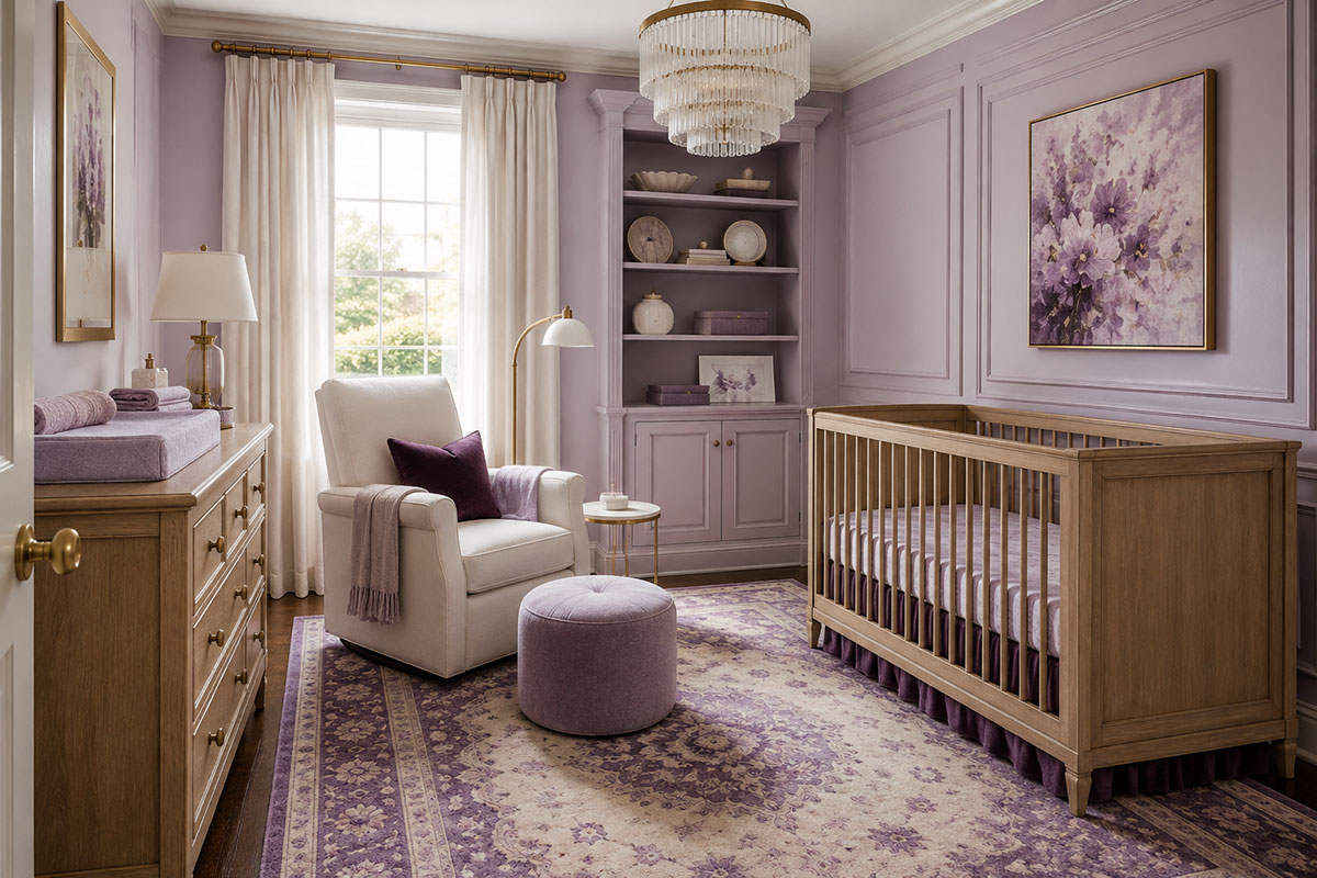 Lavender baby nursery with pale lavender walls natural wood crib warm white curtains and a patterned ivory and purple rug