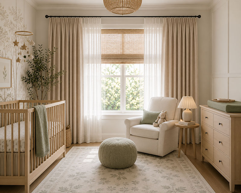 Layered nursery window treatments using curtains and shades