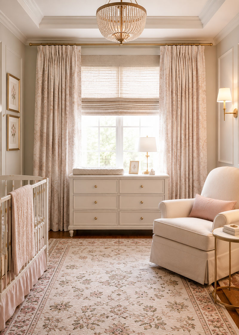 Layered nursery window treatments combining shades and curtains