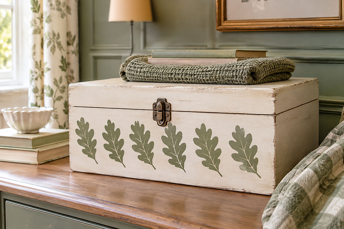 Warm white wooden storage box with a repeated olive green oak-style leaf stencil border