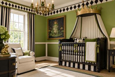 Our Baby Boy, Liam's, Black, White and Lime Green Frog Prince Nursery Theme with Harlequin Diamond Pattern