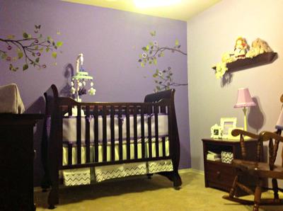 Lilac Meadows Nursery Decorated with Chevron and Yellow Accents for a Baby Girl