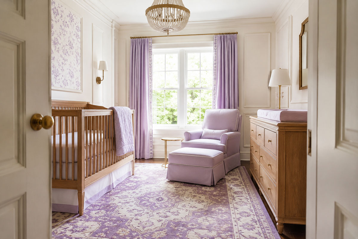 Lilac nursery viewed from the doorway with warm white walls lilac curtains medium wood dresser and a patterned purple area rug