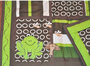 Lime green and brown frog pond with snails baby crib bedding for a frog theme nursery